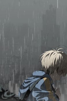 1boy absurdres antenna_hair bag black_hair blonde_hair blue_jacket building chinese_commentary from_side highres holding_strap jacket long_sleeves looking_down looking_to_the_side male_focus multicolored_hair nakazawa_yuki official_artist_extra orange_eyes outdoors parted_lips profile rain sad shiguang_dailiren short_hair shoulder_bag solo tears two-tone_hair upper_body wet wet_hair xia_fei