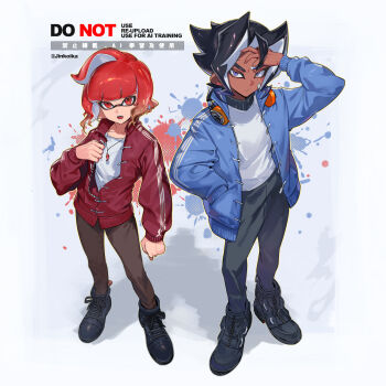 2others bandage_on_face bandages black_hair black_shoes blue_eyes blue_jacket clenched_hand closed_mouth dark_skin hand_in_pocket headphones headphones_around_neck highres inkling jacket jewelry jinkoika long_sleeves looking_at_viewer multiple_others nintendo octoling open_mouth original pendant pointy_ears red_eyes red_hair red_jacket shoes splatoon_(series) standing tentacle_hair twitter_username watermark