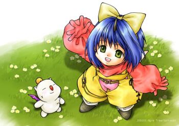 Rule 34 | 1girl, 2001, arm up, artist name, bad id, black horns, blue hair, bodysuit, bow, commentary request, creature, dated, eiko carol, final fantasy, final fantasy ix, flower, from above, gloved sleeves, grass, green eyes, hair bow, horns, legs apart, mini wings, mog, moogle, open mouth, overalls, pink bodysuit, saikachi (ogre tree), shadow, short hair, single horn, standing, teeth, upper teeth only, white flower, wings, yellow bow, yellow overalls