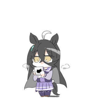 1girl ahoge animal_ears beer_hsk black_hair brown_eyes brown_shoes chibi cup full_body hair_between_eyes holding holding_cup horse_ears horse_girl horse_tail long_hair long_sleeves manhattan_cafe_(umamusume) mug multicolored_hair pleated_skirt puffy_long_sleeves puffy_sleeves purple_shirt purple_skirt purple_thighhighs school_uniform shadow shirt shoes simple_background skirt solo standing tail thighhighs tracen_school_uniform two-tone_hair umamusume very_long_hair white_background white_hair