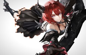 Rule 34 | 1girl, absurdres, arknights, arknights: endfield, black boots, black gloves, black skirt, boots, breasts, brown gloves, chinese text, cleavage, closed mouth, commentary request, foreshortening, fuann, gloves, high heel boots, high heels, highres, horns, laevatein (arknights), looking at viewer, medium breasts, purple eyes, red hair, simplified chinese text, skirt, slit pupils, solo, surtr (arknights), white background