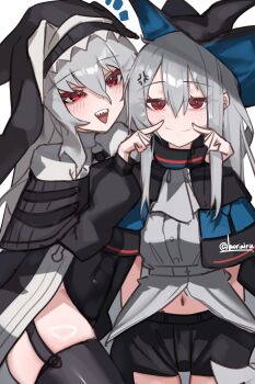 2girls absurdres alt_text anger_vein arknights black_dress black_hat black_thighhighs blue_hat blush closed_mouth commentary_request dress forced_smile grey_hair grey_shirt hair_between_eyes hat headscarf highres long_hair long_sleeves multiple_girls navel notice_lines open_mouth red_eyes sharp_teeth shirt simple_background skadi_(arknights) specter_(arknights) standing teeth thighhighs twitter_username two-sided_fabric two-sided_headwear upper_teeth_only watermark white_background worimiru