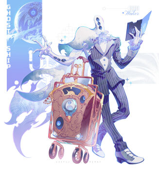 1other absurdres black_suit book cape claws commentary_request english_text extra_eyes fajyobore formal_clothes highres holding holding_book long_sleeves original pinstripe_pattern pinstripe_suit planet shoes simple_background solo sparkle steampunk suit suitcase walking white_background white_cape white_shoes