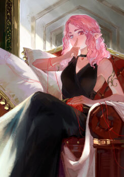 Rule 34 | 1girl, absurdres, aqua eyes, armlet, baldur's gate, baldur's gate 3, black dress, blush, choker, curly hair, dress, dungeons & dragons, dungeons &amp; dragons, freckles, heterochromia, highres, jewelry, kuzen, long dress, long hair, looking at viewer, pillow, pink hair, red eyes, sitting, solo, tav (baldur's gate), yarn, yarn ball