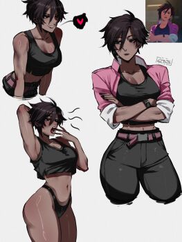 1girl absurdres armpits artist_name bare_shoulders belt black_hair breasts brown_eyes cleavage collarbone commentary crop_top crossed_arms dispatch face_piercing gy_beth heart highres invisigal jacket long_sleeves looking_at_viewer medium_breasts midriff multiple_views navel nose_piercing nose_ring open_clothes open_jacket open_mouth pants piercing reference_inset short_hair simple_background tank_top toned watch wristwatch yawning