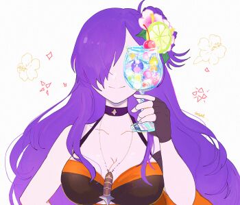 Rule 34 | 1girl, bare arms, bare shoulders, bikini, black choker, breasts, choker, cleavage, commentary request, female shez (fire emblem), female shez (summer) (fire emblem), fingerless gloves, fire emblem, fire emblem: three houses, fire emblem heroes, fire emblem warriors: three hopes, flower, flute, gloves, hair ornament, highres, holding, holding flute, holding instrument, instrument, large breasts, nintendo, official alternate costume, purple eyes, purple hair, sasaki (dkenpisss), smile, solo, swimsuit