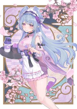 Rule 34 | 1girl, absurdres, apron, black bow, blue hair, blush, bow, breasts, closed mouth, commentary, dango, detached sleeves, food, genshin impact, highres, holding, holding food, holding tray, japanese clothes, kimono, long hair, looking at viewer, medium breasts, nihongami, pink kimono, pointy ears, purple eyes, ririru, sanshoku dango, sleeveless, sleeveless kimono, smile, solo, symbol-shaped pupils, tail, tapir girl, tapir tail, tray, untranslatable commentary, very long hair, wagashi, waist apron, white apron, yumemizuki mizuki