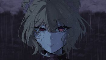 1girl absurdres blonde_hair chainsaw_man character_request closed_mouth copyright_request eyelashes flower_hairtie frown hair_between_eyes hair_bun hair_ornament highres looking_at_viewer okayshay portrait rain red_eyes scene_reference solo tagme