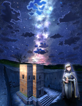 1girl absurdres bare_tree black_dress black_hair black_veil building chinese_commentary closed_eyes closed_mouth cloud commentary_request cross dress full_body highres holding holding_cross long_sleeves milky_way mountainous_horizon night nun nun_headdress original outdoors scenery sky sky_focus solo stairs standing star_(sky) starry_sky traditional_nun tree veil yuki42