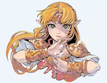 1girl armor blonde_hair breasts circlet closed_mouth dress earrings gold_circlet gold_vambraces highres jewelry long_hair looking_at_viewer necklace nintendo pink_dress pointy_ears princess_zelda short_sleeves shoulder_armor simple_background smile solo the_legend_of_zelda the_legend_of_zelda:_a_link_between_worlds tiara tsuyuga upper_body vambraces