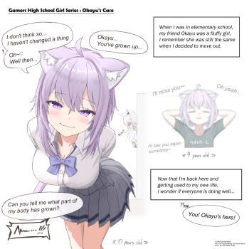 2girls :3 absurdres ahoge alternate_language animal_ear_fluff animal_ears arms_behind_back artist_name bent_over blue_bow blue_bowtie blush bow bowtie breasts cat_ears cat_girl cat_tail cleavage closed_mouth collared_shirt commentary_request dialogue_box english_text grey_skirt hair_between_eyes highres hololive large_breasts looking_at_viewer miniskirt multiple_girls nekomata_okayu pleated_skirt purple_eyes purple_hair school_uniform shirakami_fubuki shirata98 shirt skirt smile speech_bubble spit_take spitting standing tail virtual_youtuber watermark white_shirt