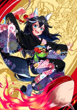 1girl absurdres animal_ears arm_up black_hair black_kimono blue_eyes blush crossed_bangs ear_covers floral_print flower freely2327 hair_down hair_flower hair_ornament highres holding holding_string horse_ears horse_girl horse_tail japanese_clothes katsuragi_ace_(umamusume) kimono long_sleeves looking_at_viewer new_year obi okobo open_mouth outstretched_arm platform_sandals round_teeth sandals sash smile socks solo spinning_top string tabi tail teeth umamusume upper_teeth_only v-shaped_eyebrows white_socks wide_sleeves