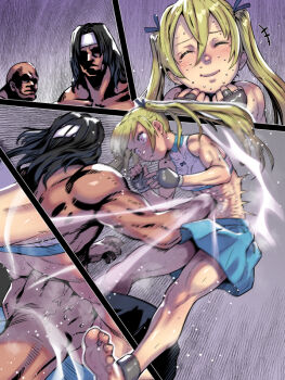 1girl bare_shoulders blonde_hair blue_skirt commission muscular muscular_female nervous_smile nervous_sweating original pixiv_commission pleated_skirt punching ryona skirt smile soon_(c-u-soon) sports_bra stomach_punch surprised sweat twintails white_sports_bra wide-eyed