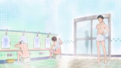 1girl 6+boys animated anime_screenshot ass back bath bathhouse black_hair braid braided_ponytail breasts butt_crack clenched_hands clenched_teeth collarbone completely_nude feet highres large_breasts medium_breasts multiple_boys naked_towel no_nipples nude open_mouth pink_eyes pink_hair ponytail ranma-chan ranma_1/2 running saotome_ranma short_ponytail sitting soap_bubbles sound tagme teeth towel towel_on_head video water wet