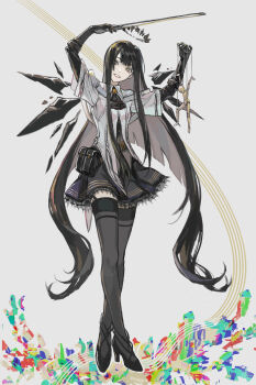 1girl abstract ahoge arknights arms_up ascot belt belt_buckle belt_pouch black_ascot black_belt black_bustier black_garter_straps black_gloves black_hair black_halo black_shoes black_skirt black_thighhighs black_wings blueee_(weibo_5695794832) blunt_bangs bow_(music) broken_halo buckle bustier buttons chinese_commentary collared_jacket colored_inner_hair commentary_request crossed_legs dark_halo detached_wings doll dress_shirt energy_wings full_body garter_straps gloves grey_hair grey_shirt halo head_tilt high_heels highres hime_cut holding holding_bow_(music) holding_doll holding_string invisible_floor jacket layered_sleeves lips long_hair long_sleeves looking_at_viewer marionette miniskirt mole mole_under_eye multicolored_hair musical_staff pale_skin pleated_skirt pouch puppet puppet_strings shirt shoes short-sleeved_jacket short_over_long_sleeves short_sleeves sidelocks simple_background skirt smile solo standing strappy_heels string teeth thighhighs very_long_hair virtuosa_(arknights) white_background white_belt white_jacket wide_sleeves wings zettai_ryouiki