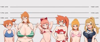 6+girls armpits arms_behind_back arms_behind_head arms_up asymmetrical_hair bare_shoulders bikini black_clover black_one-piece_swimsuit blonde_hair blue_bikini blue_eyes blue_one-piece_swimsuit blunt_bangs blush boku_no_hero_academia bow breast_envy breasts breasts_squeezed_together brown_eyes brown_hair cleavage closed_mouth color_connection crossover double_v earrings embarrassed eyepatch_bikini floral_print frogart1 green_bikini green_eyes green_swimsuit grin hair_bow hair_color_connection hair_ornament half-closed_eyes hand_on_own_hip height_chart height_difference high_ponytail highleg highleg_bikini highres huge_breasts jewelry kendou_itsuka kunio-kun_series kyoko_(kunio-kun) landscape large_breasts lineup long_hair looking_at_viewer medium_breasts medium_hair micro_bikini mimosa_vermillion misty_(pokemon) multiple_crossover multiple_girls nami_(one_piece) navel nintendo odd_one_out one-piece_swimsuit one_eye_closed one_piece one_side_up open_mouth orange_eyes orange_hair pink_bikini pink_hair pink_swimsuit plump pokemon pokemon_(anime) pokemon_(classic_anime) pokemon_red/green/blue/yellow ponytail print_bikini purple_eyes red_bikini red_bow river_city_girls sagging_breasts short_hair side_ponytail sidelocks small_breasts smile strapless strapless_bikini strapless_one-piece_swimsuit striped_bikini striped_clothes swimsuit tongue tongue_out upper_body v very_long_hair