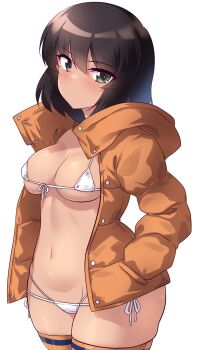 1girl bikini blush breasts brown_hair dark-skinned_female dark_skin feet_out_of_frame girls_und_panzer green_eyes green_jacket highres hoshino_(girls_und_panzer) jacket kuzuryuu_kennosuke looking_at_viewer medium_breasts navel open_clothes short_hair simple_background solo standing swimsuit thighhighs white_background white_bikini