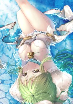 1girl absurdres arms_up bare_legs bell blush breasts budgiepon c.c. cleavage code_geass commentary cosplay detached_sleeves dress eyelashes fate/extra fate/extra_ccc fate_(series) feet_out_of_frame floating_clothes floating_hair forehead_tattoo foreshortening from_above green_hair hair_between_eyes hair_spread_out highres large_breasts leg_up long_hair looking_at_viewer lying neck_bell nero_claudius_(bride)_(fate) nero_claudius_(bride)_(fate)_(cosplay) nero_claudius_(bride)_(second_ascension)_(fate) nero_claudius_(fate) nose on_back parted_lips partially_submerged sidelocks solo sparkle strapless strapless_dress tattoo thigh_gap thighs upturned_eyes water wet wet_clothes white_dress white_sleeves yellow_eyes