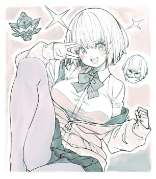 1boy 1girl absurdres alexis_kerib anti_(ssss.gridman) arm_up blush bow bowtie breasts chibi chibi_inset cropped_head gridman_universe highres large_breasts leg_up limited_palette looking_at_viewer miniskirt nosir_onadat off_shoulder open_mouth partially_unzipped pleated_skirt salute school_uniform shinjou_akane short_hair skirt solo_focus ssss.gridman v v_over_eye vulcan_salute
