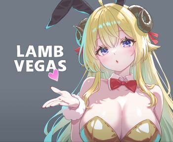 Rule 34 | 1girl, animal ears, arm behind back, bare shoulders, blonde hair, blush, bow, bowtie, breasts, commentary request, curled horns, detached collar, double-parted bangs, english text, fake animal ears, fur wrist cuffs, gold leotard, grey background, hair over shoulder, highres, hololive, horns, large breasts, leotard, long hair, long sidelocks, looking at viewer, nail polish, necktie, parted lips, playboy bunny, puckered lips, purple eyes, rabbit ears, raised eyebrows, red bow, red bowtie, red necktie, sheep ears, sheep girl, sheep horns, shiny leotard, sidelocks, simple background, solo, tsunomaki watame, upper body, very long hair, virtual youtuber, wrist cuffs, yachahechara