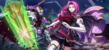 1girl breasts code_geass code_geass:_fukkatsu_no_lelouch code_geass:_lost_stories cornelia_li_britannia elbow_gloves f4samurai gloves highres knightmare_frame large_breasts long_hair looking_at_viewer mecha official_art purple_eyes purple_hair robot solo white_gloves