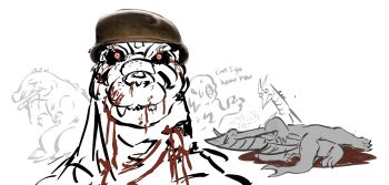 6+boys anguirus blood combat_helmet dinosaur family_guy_death_pose_(meme) gary_zilla godzilla godzilla_(series) gorosaurus hedorah helmet highres kaiju meme monster multiple_boys pink_eyes rodan thousand_yard_stare titanosaurus_(godzilla) toho traumatized