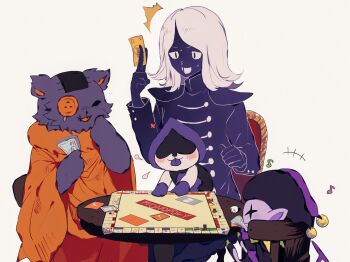 +++ 1boy blue_shirt blue_skin blush board_game buttons cat chair colored_skin deltarune dice double-breasted eighth_note fang hat highres jester_cap jevil lancer_(deltarune) long_sleeves monopoly musical_note on_lap orange_tunic patch playing_games purple_fur purple_skin rouxls_kaard scar seam_(deltarune) shirt simple_background smile surprised sweat table tail tunic utdr_(toby_fox) white_background white_hair y_o_u_k_a
