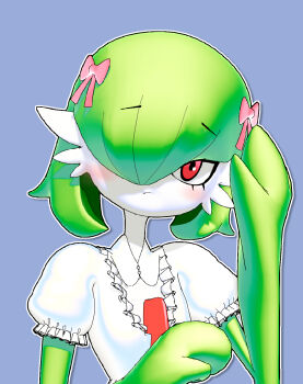 1girl alternate_hairstyle blue_background blush bow closed_mouth clothed_pokemon collared_shirt colored_skin female_focus flat_chest frilled_shirt frilled_sleeves frills gardevoir gen_3_pokemon green_hair green_skin grey_shirt hair_bow hair_over_one_eye hands_up head_tilt light_blush looking_at_viewer multicolored_skin nintendo one_eye_covered outline pink_bow pokemon pokemon_(creature) puffy_short_sleeves puffy_sleeves raised_eyebrows red_eyes sara_(sublender1234) shirt short_hair short_sleeves simple_background solo two-tone_skin upper_body white_outline white_skin