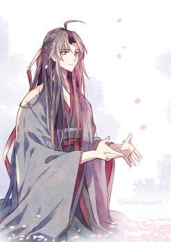 1boy ahoge black_hair black_hanfu cherry_blossoms chinese_clothes closed_mouth coat falling_petals fduki_maro grey_coat hair_down hair_ribbon half_updo hanfu highres light_smile long_hair long_sleeves looking_up male_focus modao_zushi official_alternate_costume official_alternate_hairstyle open_clothes open_coat outstretched_hand parted_bangs petals pink_petals red_eyes red_ribbon red_sash ribbon robe sash sidelocks smile solo standing twitter_username very_long_hair wei_wuxian wei_wuxian_(yiling_laozu) white_background wide_sleeves