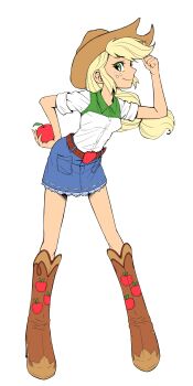 Rule 34 | 1girl, absurdres, apple, apple print, applejack, applejack (equestria girls), arm up, bare arms, belt, blonde hair, blue skirt, boots, breasts, brown belt, brown boots, brown hat, buttons, closed mouth, collared shirt, commentary request, cowboy hat, denim, denim skirt, flat color, food, food print, freckles, fruit, fruit print, full body, green eyes, green shirt, hair tie, hand on own hip, hat, hatching (texture), high heel boots, high heels, highres, holding, holding food, holding fruit, index finger raised, knee boots, lace, lace-trimmed skirt, lace trim, leaning forward, legs apart, long hair, looking at viewer, low-tied long hair, miniskirt, my little pony, my little pony: equestria girls, my little pony: friendship is magic, pocket, pointing, pointing up, profile, shirt, short sleeves, sidelocks, sideways glance, simple background, skirt, small breasts, smile, solo, standing, two-tone shirt, white background, white shirt, yuuto (chakokin)