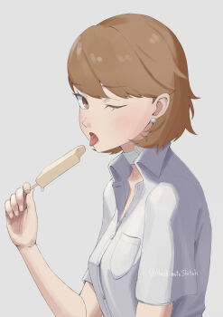 blush breasts brown_eyes brown_hair earrings eating food jewelry looking_at_viewer looking_to_the_side melting_popsicle papapa_yoisyo persona persona_3 popsicle shirt short_hair short_sleeves takeba_yukari tongue tongue_out