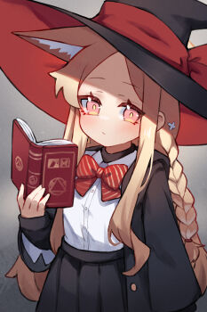 1girl animal_ears black_skirt blonde_hair blue_archive book bow bowtie braid commentary cosplay english_commentary eri_(blue_archive) eri_(blue_archive)_(cosplay) hat highres holding holding_book long_hair miya_(miyaruta) pleated_skirt red_bow seia_(blue_archive) shirt skirt solo white_shirt witch_hat