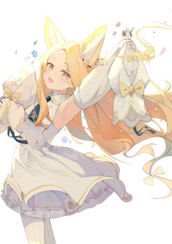 1girl :d absurdres animal_ear_fluff animal_ears arm_up armpits bird bird_on_hand black_necktie blonde_hair blue_archive blush bow breasts buttons chinese_commentary commentary_request detached_sleeves double-breasted dress floating_hair flower fox_ears fox_girl from_side hair_bow hair_flower hair_ornament hand_up highres long-tailed_tit long_hair long_sleeves looking_at_viewer looking_to_the_side necktie no_halo no_tail open_mouth outstretched_arm pantyhose puffy_long_sleeves puffy_sleeves sailor_collar seia_(blue_archive) simple_background sleeve_bow sleeveless sleeveless_dress sleeves_past_fingers sleeves_past_wrists small_breasts smile solo striped_clothes striped_pantyhose szi_f tit_(bird) vertical-striped_clothes vertical-striped_pantyhose very_long_hair white_background white_bird white_bow white_pantyhose white_sailor_collar white_sleeves wind yellow_bow