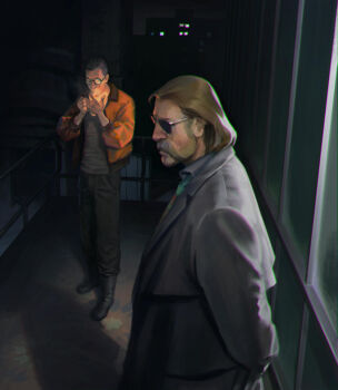 Rule 34 | 2boys, arms behind back, backlighting, balcony, black coat, black hair, bomber jacket, brown hair, buzz cut, cigarette, coat, disco elysium, facial hair, fire, full body, glowing, grey shirt, hands up, harry du bois, holding, holding cigarette, horrific necktie, jacket, kamila shirinova, kim kitsuragi, male focus, multiple boys, mutton chops, night, orange jacket, outdoors, round eyewear, shirt, short hair, smoking, standing, sunglasses, very short hair