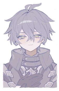 Rule 34 | 1boy, antenna hair, black gloves, closed mouth, commentary, cropped torso, crossed bangs, dot nose, empty eyes, flins (genshin impact), genshin impact, gloves, grey hair, hand on own chest, highres, male focus, pbb8p, simple background, smile, solo, straight-on, symbol-only commentary, white background, yellow eyes