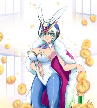 Rule 34 | 1girl, artoria pendragon (lancer) (fate), artoria pendragon (swimsuit ruler) (fate), between breasts, blue eyes, blue helmet, breasts, closed mouth, commentary request, cyber elf x (mega man), fate/grand order, fate (series), fishnet pantyhose, fishnets, genderswap, genderswap (mtf), gyakutenndokei2, helmet, looking at viewer, mega man (series), mega man zero (series), necktie, necktie between breasts, pantyhose, solo, x (mega man)