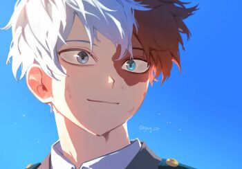 1boy blue_eyes blue_sky boku_no_hero_academia burn_scar closed_mouth collared_shirt dirty dirty_face grey_jacket heterochromia highres jacket male_focus multicolored_hair myalg_129 red_hair scar scar_on_face shirt short_hair sky smile solo split-color_hair todoroki_shoto twitter_username white_hair white_shirt wing_collar