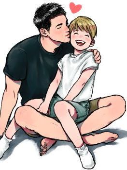 2boys barefoot black_hair blonde_hair blush closed_eyes hatoshi_(pico273) highres indian_style kiss kissing_cheek male_focus multiple_boys open_mouth original shirt short_hair sitting socks white_background yaoi