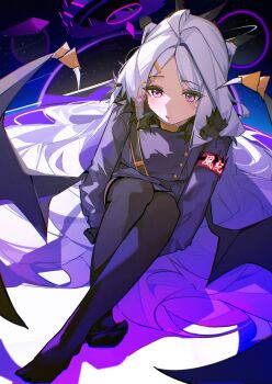 1girl absurdres ahoge armband ayu_(user_xkhp7843) black_halo blue_archive blush demon_girl demon_horns demon_wings feet halo highres hina_(blue_archive) horns legs long_hair looking_at_viewer low_wings purple_eyes red_armband sitting solo star_(sky) very_long_hair white_hair wings