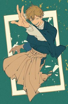 1boy blonde_hair brown_hakama ear_piercing full_body grin hakama highres japanese_clothes jujutsu_kaisen male_focus mim_(mimya0600) piercing rectangle smile solo teeth zen&#039;in_naoya