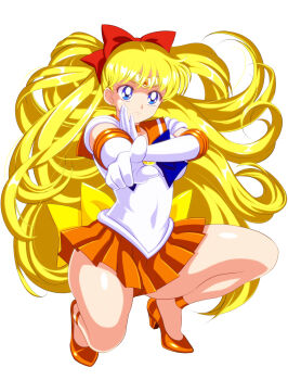 1girl aino_minako bishoujo_senshi_sailor_moon blonde_hair blue_eyes bow bowtie choker covered_navel crescent_beam elbow_gloves full_body gloves high_heels highres legs long_hair miniskirt no_socks orange_choker orange_hair orange_sailor_collar orange_skirt pirochi pleated_skirt pointing pump red_bow red_bowtie sailor_collar sailor_senshi sailor_senshi_uniform sailor_venus simple_background skirt solo squatting very_long_hair white_background white_gloves