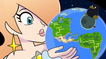 absurdres blonde_hair blue_eyes earth_(planet) full_moon giant giantess highres holding holding_plant moon planet plant rosalina thegiantwoman