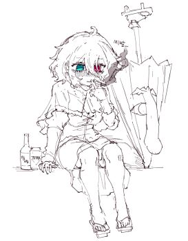 1girl ahoge blue_eyes blush bottle can capelet cigarette closed_mouth full_body geta hair_between_eyes heterochromia highres holding holding_cigarette karakasa_obake korean_text long_sleeves partially_colored rampa93 red_eyes short_hair sitting solo tatara_kogasa tongue touhou translation_request umbrella