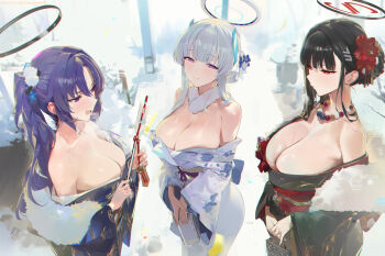 1girl 3girls bare_shoulders black_hair black_halo blue_archive blue_eyes blue_kimono blush breasts cleavage closed_mouth collarbone embarrassed flower flying_sweatdrops grey_hair hair_behind_ear hair_between_eyes hair_ornament hairclip halo holding huge_breasts japanese_clothes kimono large_breasts long_hair long_sleeves looking_at_viewer mechanical_halo misaka_12003-gou multicolored_halo multiple_girls nervous noa_(blue_archive) open_mouth purple_eyes purple_hair red_eyes ringed_eyes rio_(blue_archive) smile solo sweat sweatdrop two-tone_halo two_side_up white_hair yuuka_(blue_archive)