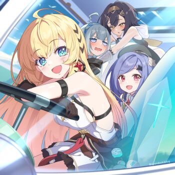 +_+ 4girls ahoge amber_(stella_sora) ayataka beret black_hair black_hat blonde_hair blue_eyes blue_hair blue_sky blush breasts brown_gloves commentary_request dress driving earrings female_tyrant_(stella_sora) gloves grey_hair hat highres iris_(stella_sora) jewelry long_hair looking_at_viewer medium_breasts multiple_girls new_star_guild_(stella_sora) noya_(stella_sora) open_mouth pink_eyes sideboob sky smile stella_sora twitter_username tyrant_(stella_sora) white_dress yellow_eyes