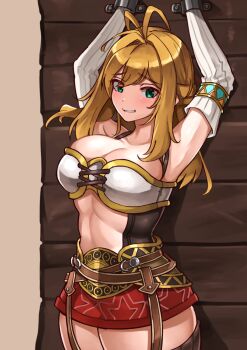 1girl absurdres antenna_hair arms_up belt blonde_hair breasts brown_belt brown_thighhighs commentary_request cowboy_shot detached_sleeves fiora_(xenoblade) green_eyes grin highres large_breasts long_hair looking_at_viewer miniskirt nervous_smile red_skirt restrained skirt smile solo thighhighs white_sleeves xenoblade_chronicles_(series) xenoblade_chronicles_1 yotsuha_uni