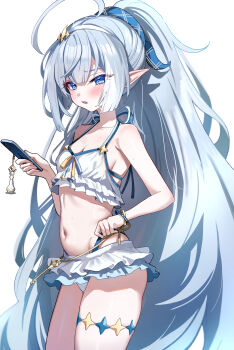 Rule 34 | 1girl, absurdres, ahoge, bare shoulders, bikini, blue eyes, blush, breasts, female tyrant (stella sora), female tyrant (swimsuit) (stella sora), grey hair, hair between eyes, high ponytail, highres, long hair, looking at viewer, navel, pointy ears, ponytail, sak (lemondisk), simple background, small breasts, smile, solo, stella sora, swimsuit, tyrant (stella sora), very long hair, white background, white bikini