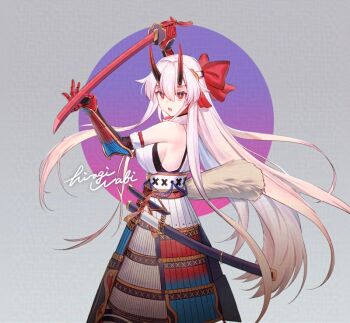 Rule 34 | 1girl, armored skirt, breasts, commentary request, fate/grand order, fate (series), gauntlets, headband, hiiragi (karashriker), holding, holding sword, holding weapon, horns, katana, large breasts, long hair, red eyes, sheath, signature, sword, tomoe gozen (fate), tomoe gozen (third ascension) (fate), weapon, white hair, white headband