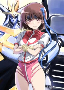 Rule 34 | 1980s (style), 1girl, blue headband, breasts, brown eyes, brown hair, cowboy shot, crossed arms, gunbuster, headband, highres, leotard, looking at viewer, mecha, medium breasts, oldschool, pink leotard, retro artstyle, robot, shiruco, short hair, takaya noriko, top wo nerae!, top wo nerae! (series), wristband