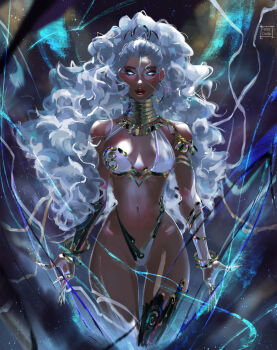 1girl artist_name blue_eyes bracelet breasts closed_mouth commentary cowboy_shot dark-skinned_female dark_skin english_commentary fingernails glowing glowing_eyes highres jewelry large_breasts long_fingernails long_hair looking_at_viewer marvel marvel_rivals narrow_waist navel overexposure paid_reward_available solo storm_(x-men) tatti_art thigh_gap variant_set very_long_hair white_hair wide_hips x-men